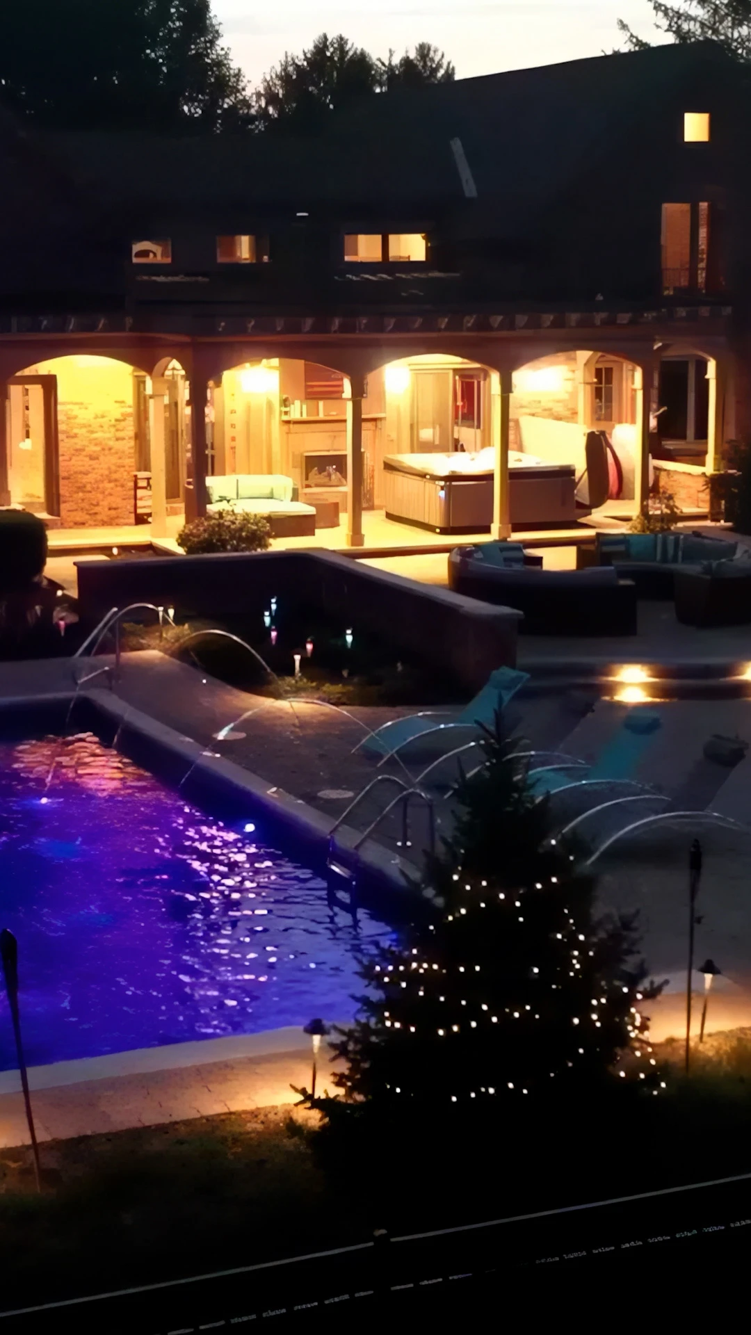 French provincial home with covered porch, hot tub, and LED-blue pool at twilight in Cumming, GA