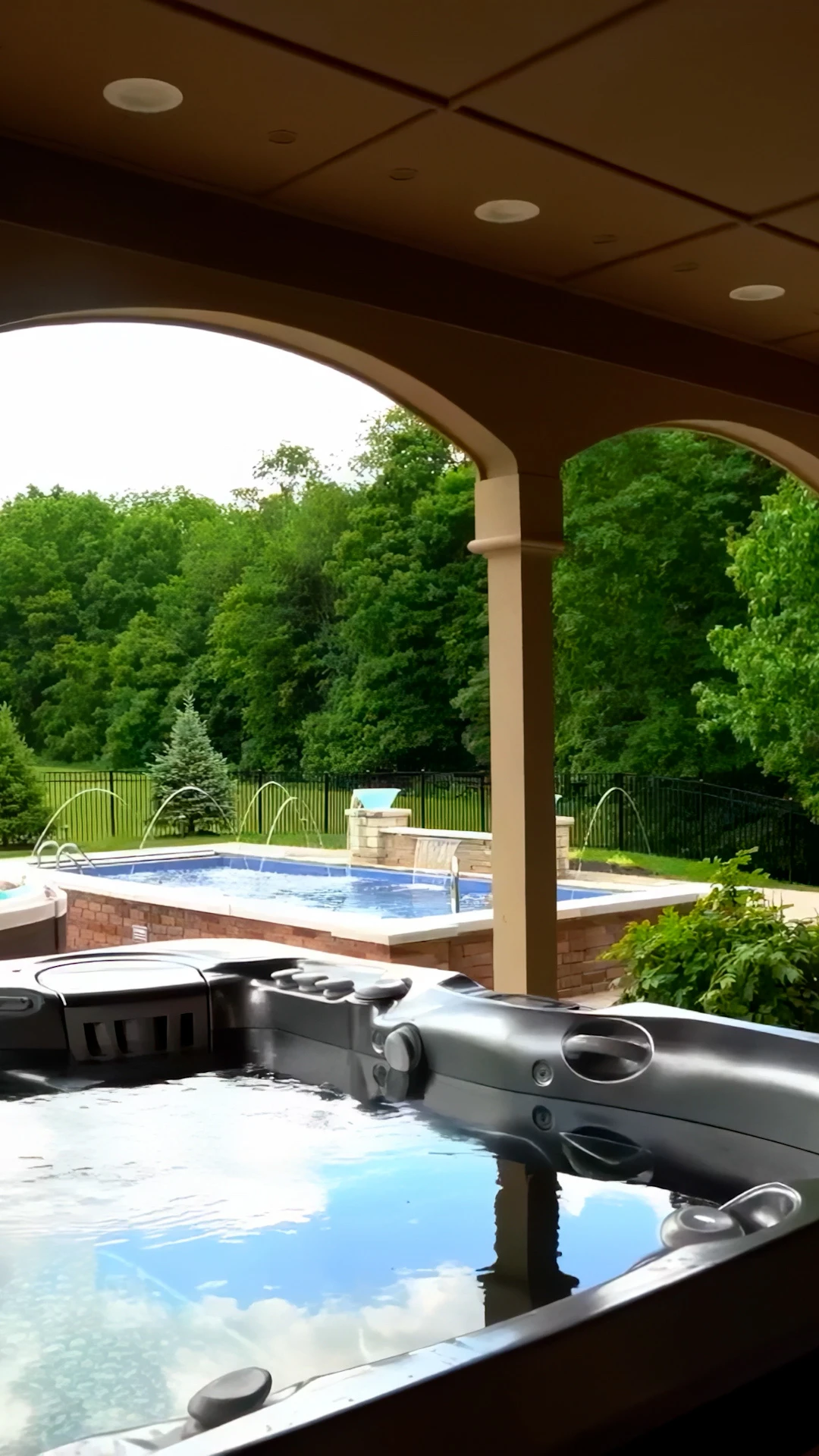 Square-edge coping on a modern Dacula, GA pool showing the tight 90 degree transition to travertine deck