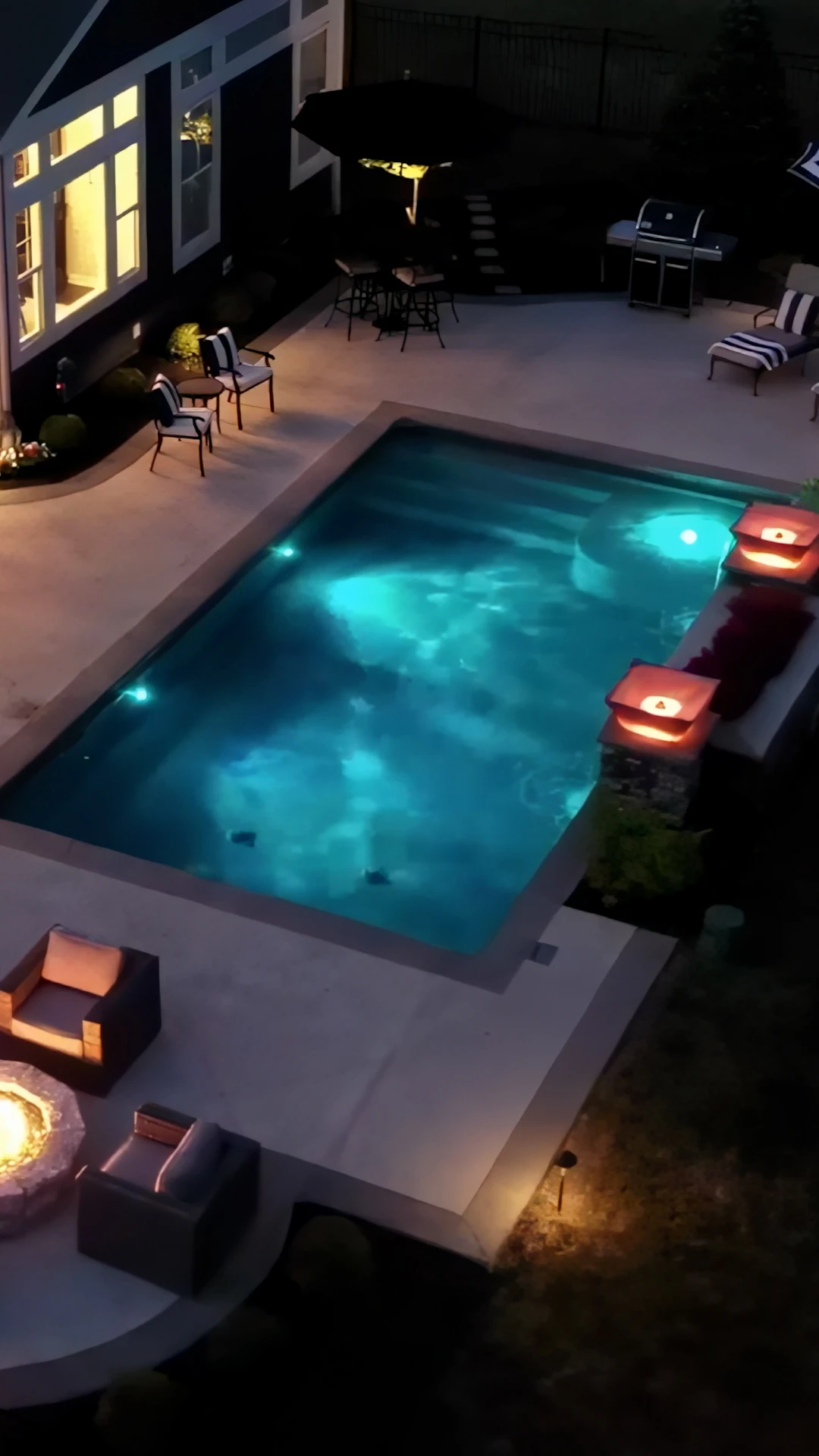 Concrete pool deep end with tiled waterline and return fittings visible along the shell wall in Dacula, GA