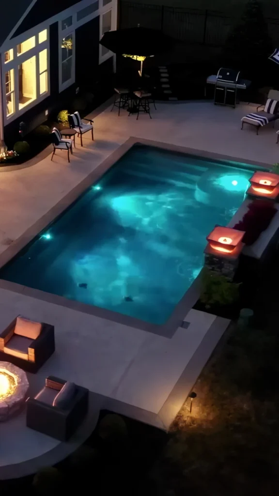 Aerial nighttime view of rectangle pool LED teal, house with striped umbrellas, raised spa with red-lit bowls on surround, firepit… — custom pool design and installation in Dawsonville, GA by Primetime Pools.