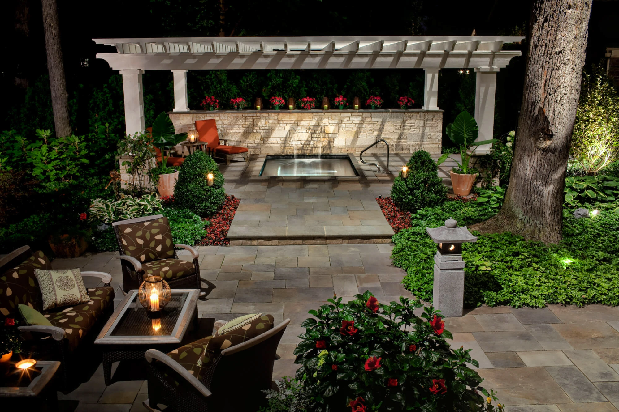 Freestanding cedar pergola over pool deck at dusk with integrated string lighting — Dacula, GA Hamilton Mill backyard